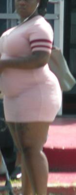 SUPER fat black girl SUPER tight pink dress FAT BELLY & Legs